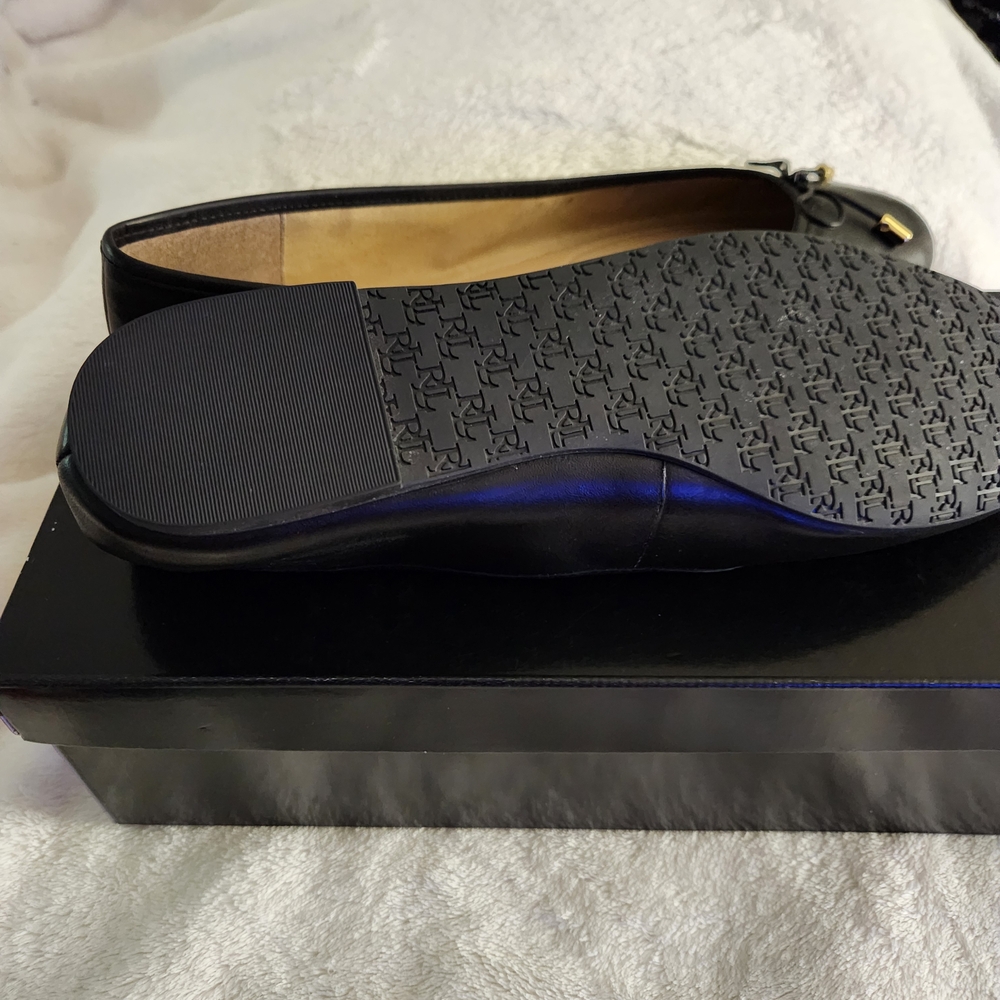 Ralph Lauren Black Leather Flats with Gold Accents - Picture 3 of 4